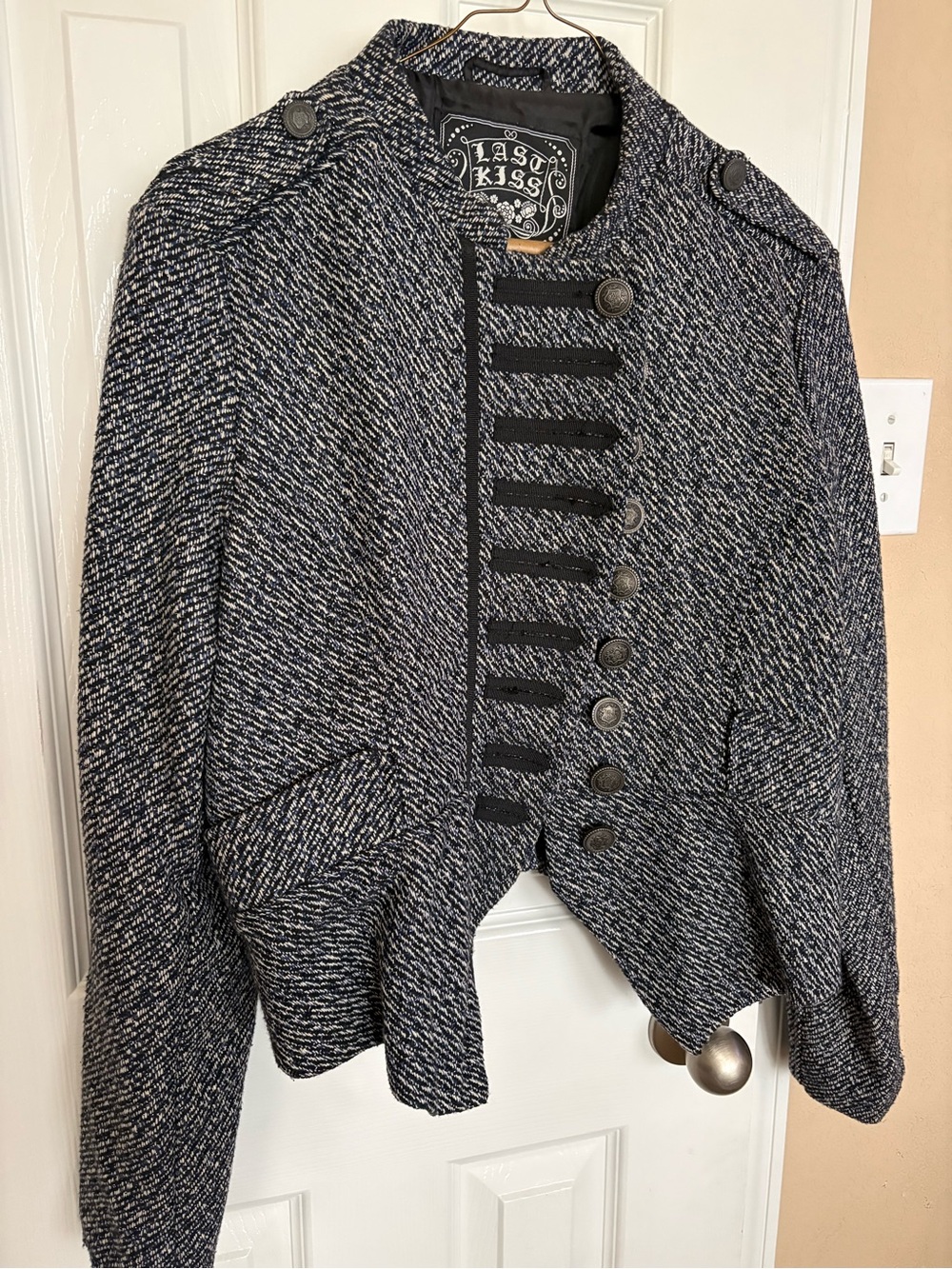 Last Kiss Navy and White Tweed Military-Style Blazer